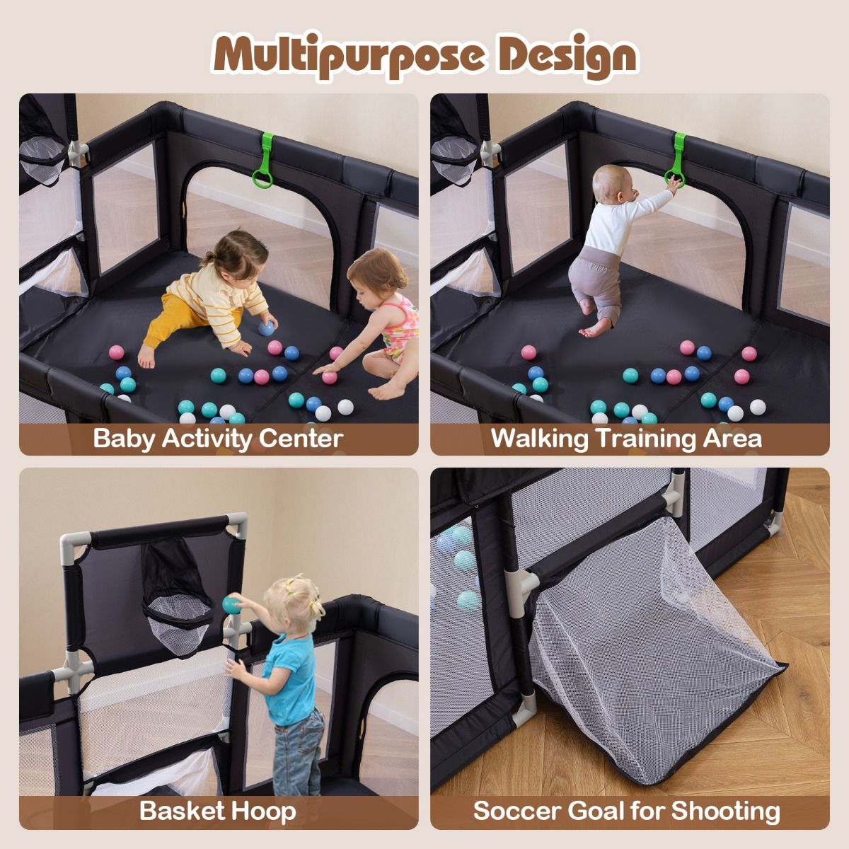Coast Babybox mit Basketballkorb und Fußballtor – inklusive Bälle und Tragetasche – dunkelgrau 188 x 157 cm