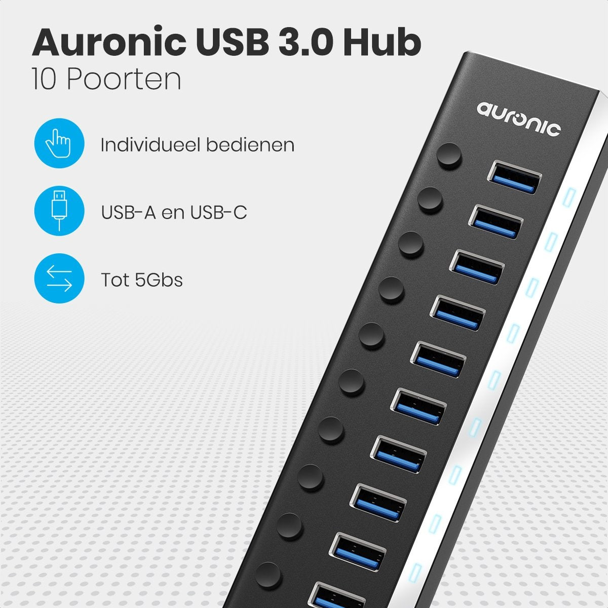 Auronic USB Hub 3.0 - USB Splitter mit 10 Ports - mit Netzteil - 5 GBPs - Led-Anzeige - Schwarz
