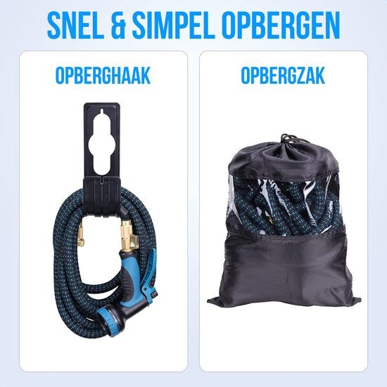 Strex Flexibler Gartenschlauch 15 m mit Sprinklerkopf - ausziehbar - inkl. Kupplungen, Aufhängehaken und Aufbewahrungstasche