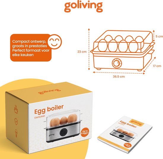 Goliving Eierkocher 2-in-1 - 1 bis 8 Eier - Kochen, Pochieren, Omelett - hart, weich und mittelweich gekocht - elektrisch - mit Timer - Silber