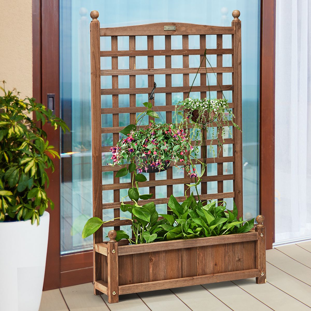 Coast Pflanzkübel mit Klettergitter – geräumiger Blumenkübel – massives Kiefernholz – dunkelbraun – 64,5 x 28 x 120 cm