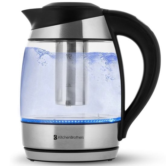 KitchenBrothers Elektrischer Wasserkocher - 1,8L - Temperaturregelung - Warmhaltefunktion - mit Teefilter - 2200W - 1,8L - Glas - Edelstahl