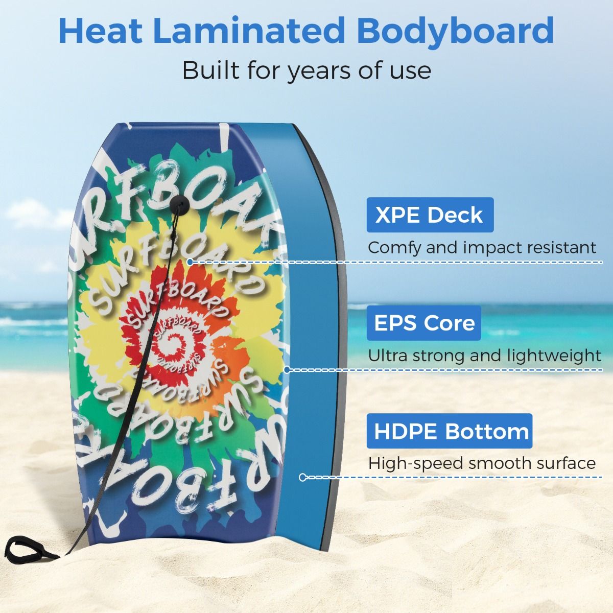 Coast Bodyboard für Kinder – leichtes Surfbrett – mit Handschlaufe – 84 cm – blau