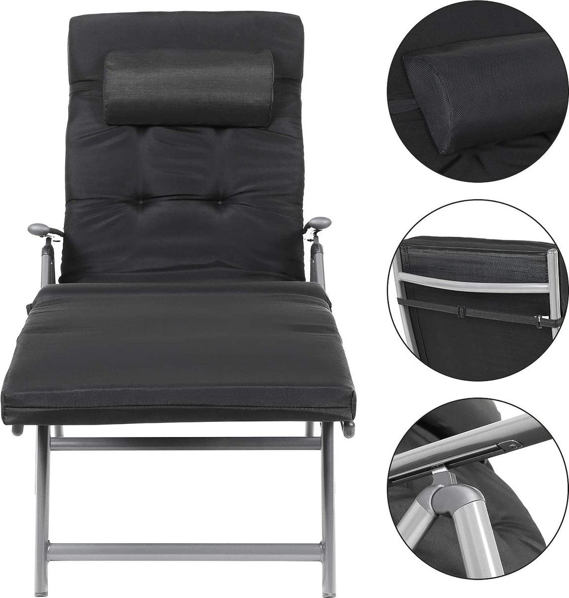 O'DADDY Liege - Liege klappbar - Schwarz - Sonnenliege mit Kopfstütze - Liegestuhl 183 x 60 x 39 - Gartenliege inklusive Liegekissen