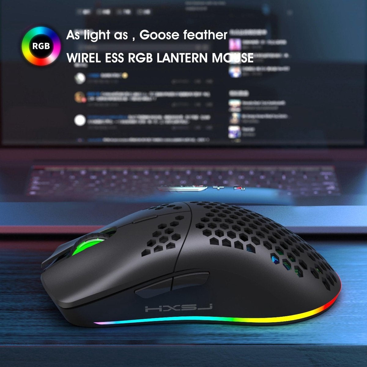 HXSJ T66 2.4G Wireless Gaming Maus - Ultraleicht - RGB Beleuchtung - Schwarz