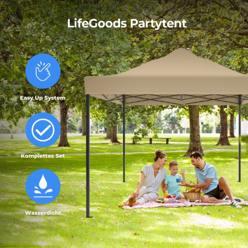LifeGoods - Partyzelt mit Seitenwänden - Pavillon - leicht aufbaubar - wasserdicht - Tragetasche mit Rädern - 3 x 4,5 m - Beige