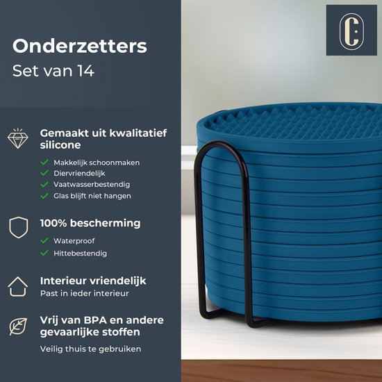 Castagnola Silikon-Untersetzer - Untersetzer für Gläser - Design-Untersetzer mit Halter - Untersetzer-Set - Anti-Rutsch - 14er-Set - Blau