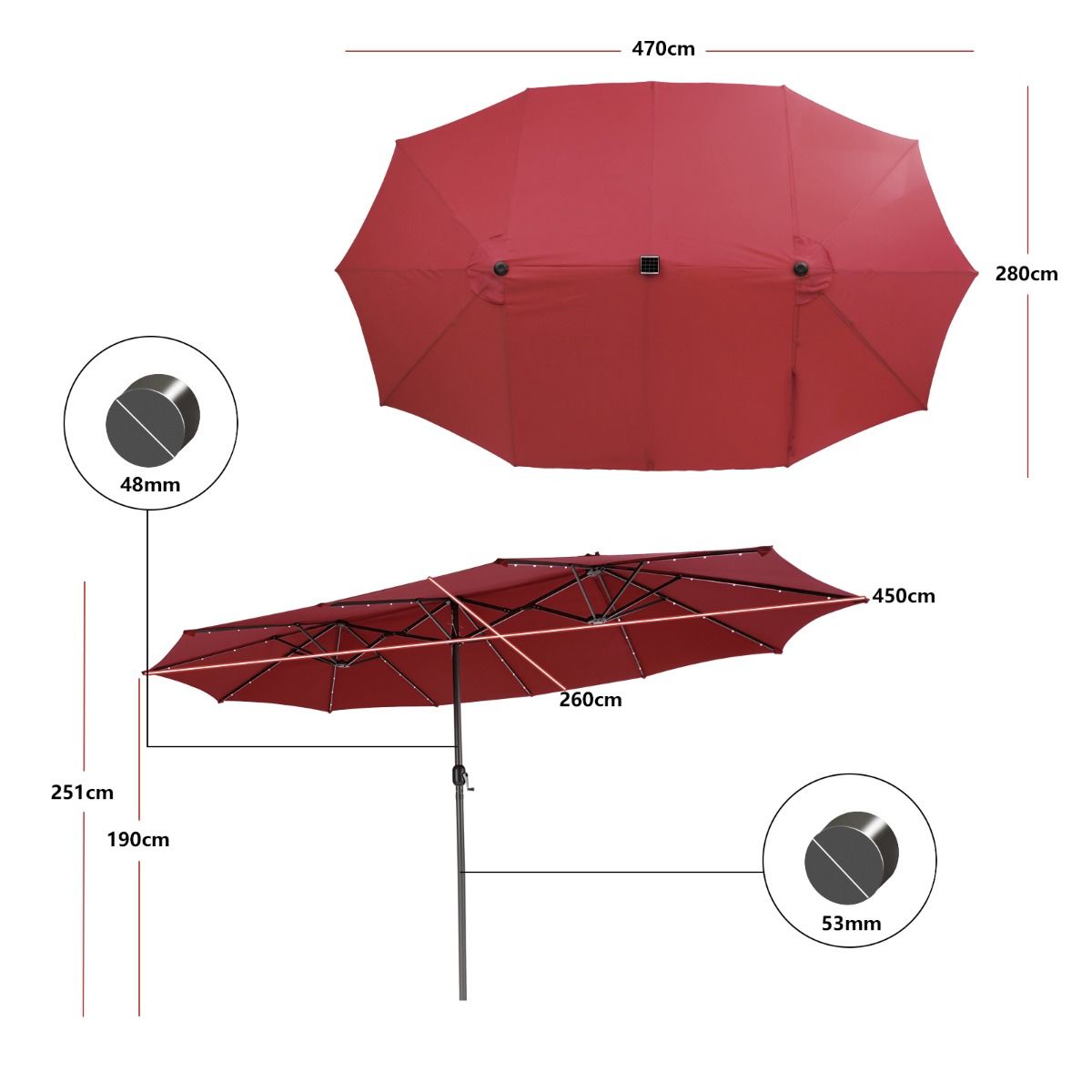 Coast Doppel-Sonnenschirm – 48 solarbetriebene LED-Leuchten – Handkurbel – weinrot 470 x 280 cm