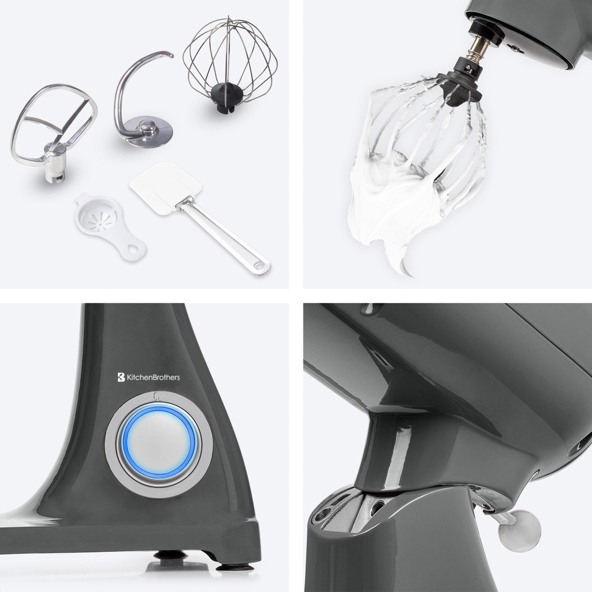 KitchenBrothers Küchenmaschine - Küchenroboter - 6L Rührschüssel - 1800W - Aluminium - Anthrazit