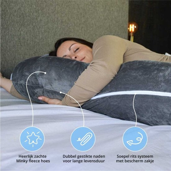 Ella Life Schwangerschaftskissen XXL - J-förmig - 155cm - Mit Bezug - Grau