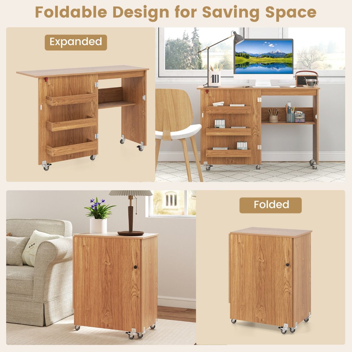 Coast Klappbarer Nähtisch – Mobile Bastelstation mit Ablagegestell – Drei versteckte Aufbewahrungsboxen – Naturfarben – 118,5 x 40 x 79,5 cm