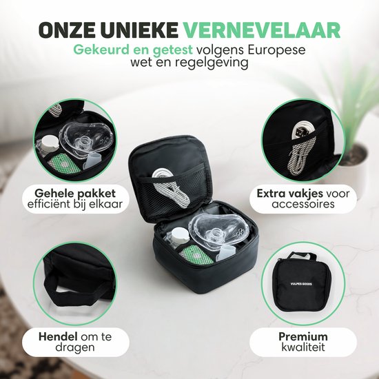 Vulpes Goods® HealthCare - Aerosolgerät - Ultraschallvernebler Inhalator - Vernebler - Inhalationsgerät für Kinder, Erwachsene & Babys - Hilft gegen Atemwegserkrankungen - Inkl. 3 Düsen & Deluxe Reisetasche