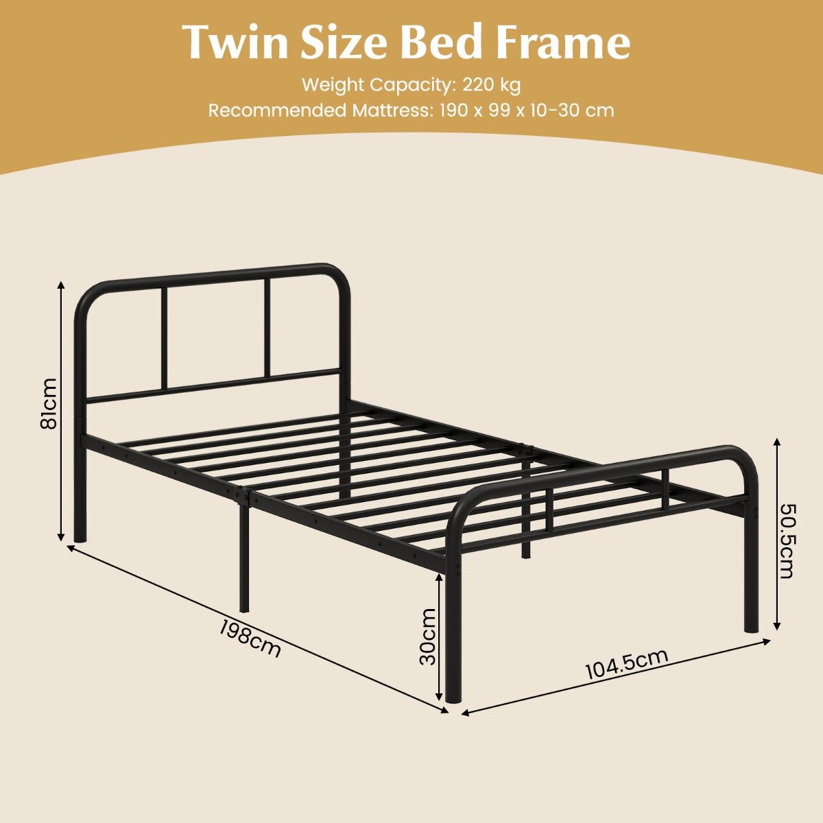 Coast Einzelbett – Bettgestell aus Metall – Kopf- und Fußteil – 90 x 200 cm – Schwarz