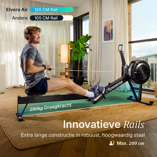 Flowsense Rudertrainer mit Luftwiderstand – Professionelles Rudergerät – 10 Widerstandsstufen – Zusammenklappbar – Ganzkörpertraining – Bluetooth-App & LCD-Monitor – Max. 200 kg – Rudergeräte – Für zu Hause & im Fitnessstudio
