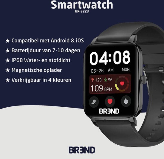 BREND Smartwatch für Frauen und Männer - Schrittzähler, Blutdruckmesser und Herzfrequenzmesser - Sportuhr - wasserdicht - schwarz