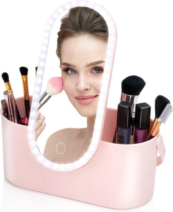 Touch Of Beauty Make Up Organizer mit LED-Spiegel - Travel Beautycase - 24.1 x 10.4 x 11.7CM - Einstellbare LED-Beleuchtung - Inkl. USB-Ladekabel - Kunststoff - Pink