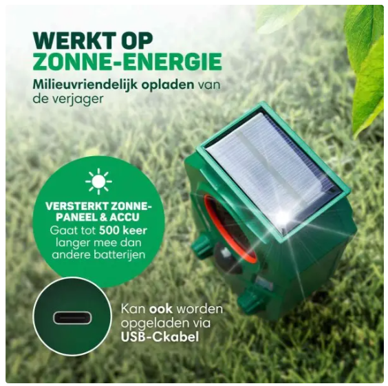Vulpes Goods® - Katzenvertreiber Premium - 5 x 9 x 14 cm - Mit 5 Arbeitsmodi und PIR-Sensor und LED-Blitzlicht und Solarenergie - Für Garten und Balkon - Grüner Kunststoff
