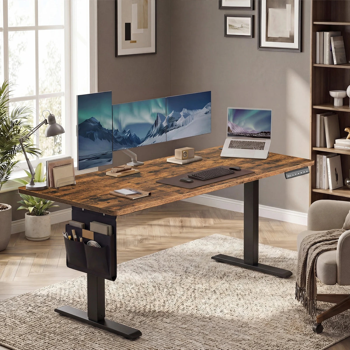JOYFURNOS Elektrisch höhenverstellbarer Schreibtisch 180 x 80 cm – 72–120 cm – Vintage-Braun & Schwarz – Speicherfunktion – 70 kg