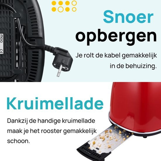 MOA Retro-Toaster - 6 Heizstufen - 2 extra breite Schlitze - 850W - Aufwärm- und Auftaufunktion - Rot - T3R