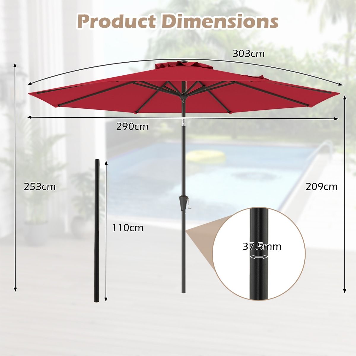 Coast 303 cm Runder Terrassen-Sonnenschirm Rot - Kippbarer Sonnenschirm mit Kurbel & 8 Ballen, doppellagig