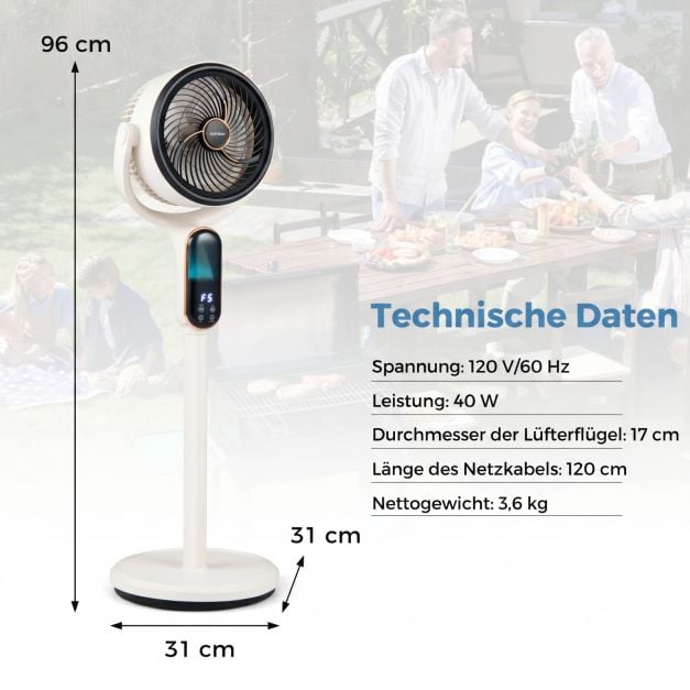 Coast Verstellbarer Stativventilator – 8 Geschwindigkeitsstufen – 54–96 cm – Weiß