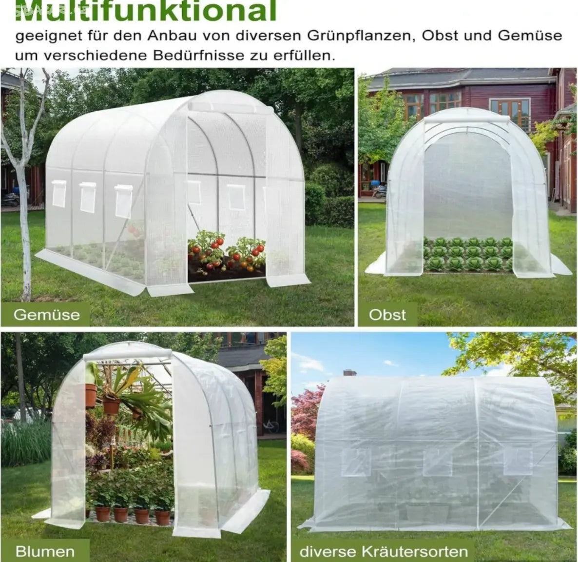 Woltu Foliengewächshaus 300x200x200 cm Weiß - Geräumiges Tunnelgewächshaus mit 6 Fenstern und Zip-Verschluss