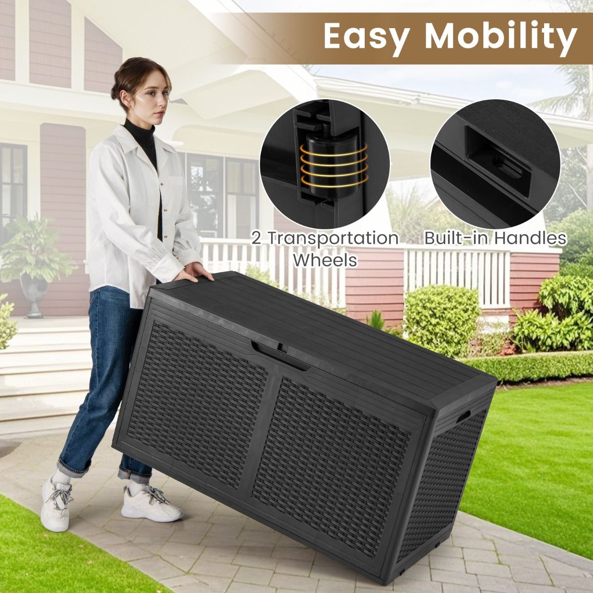 Coast Gartenbox mit Rollen – wasserdichte Aufbewahrungsbox – Sitzbank – schwarz – 380 Liter