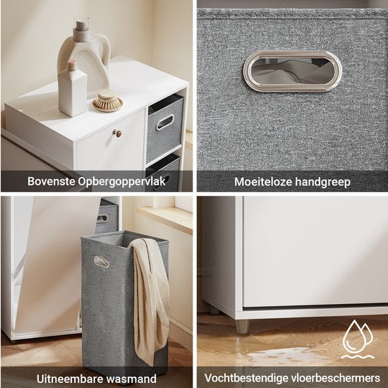 SoBuy Badezimmerschrank mit Wäschekorb, Aufbewahrungsschrank mit 2 Stoffkörben, platzsparend, für schmutzige Wäsche, Weiß, für den Waschraum BZR218-W