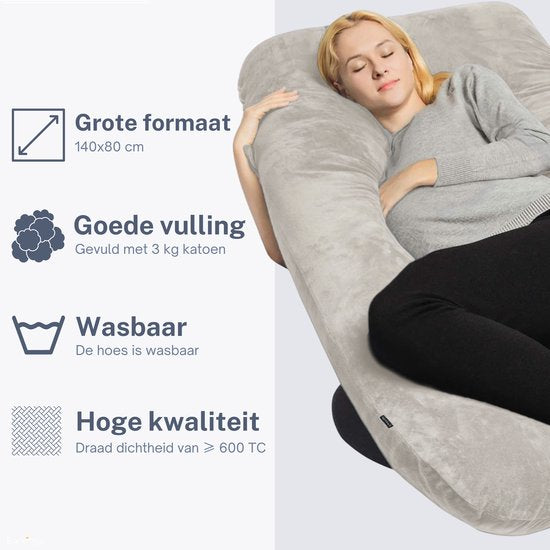 Earkings Schwangerschafts-Schlafkissen 140x80cm U-Form mit abnehmbarem Bezug - Body Pillow hellgrau
