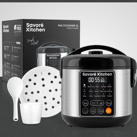 Savoré Kitchen Reiskocher mit Dampfgarer - 3L - 14 Programme - PFAS frei - Schwarzer Edelstahl