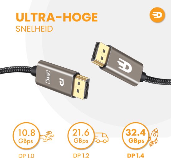 Drivv. Displayport-Kabel - 8K 60Hz - 4K 144 Hz - 32.4GBps - Displayport 1.4 - DP-Kabel - 1 Meter - Modern Grey