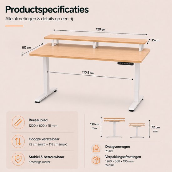 Organess Sitz-Steh-Schreibtisch – Elektrisch höhenverstellbar – 120 x 60 cm mit Erhöhung – Speicherfunktion – Kollisionsschutz – Höhenverstellbar