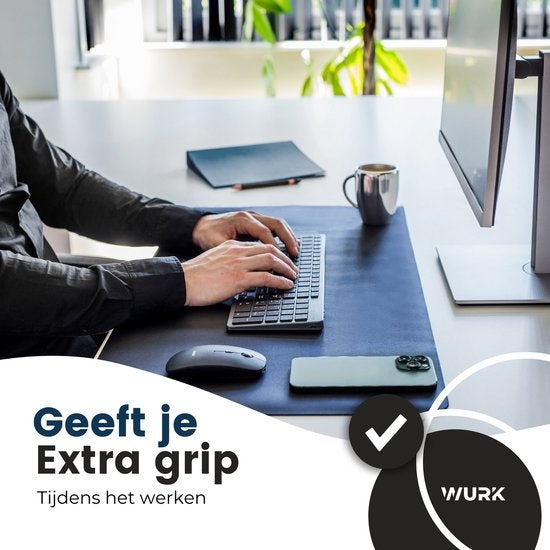 WURK Professionelle Schreibtischunterlage aus Kunstleder - Schreibtisch-Organizer - Schreibtischzubehör - Mauspad XXL- Inklusive Kabelclip - 80x40 - Blau