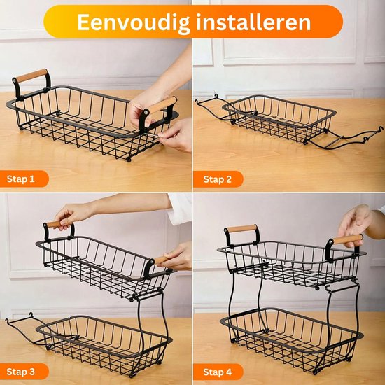 Posity Fruit Bowl 2 Layer - Obstkorb - Obst Etagere - Gemüsekorb - Drahtkorb - Obstregal - Holz & Metall - Schwarz