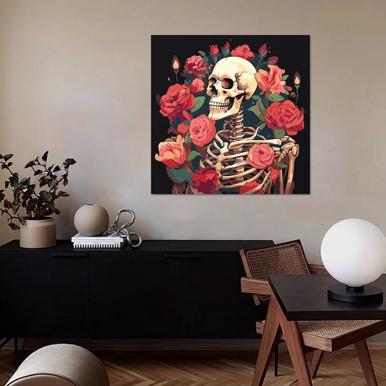Rubye® Malen nach Zahlen Erwachsene - Malen nach Zahlen Kinder - Skelett & Rosen - Inklusive Farbe und Pinsel - Leinwand Malerei Leinwand - Farbe nach Zahlen - 30x30cm
