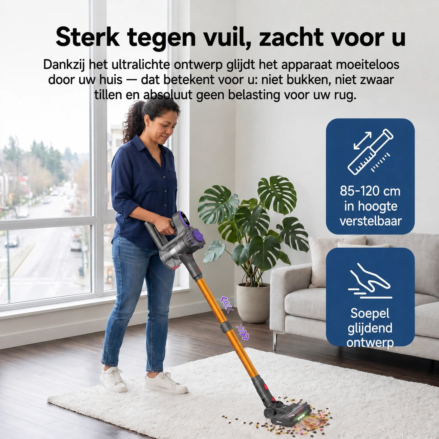 Monsga ME03 Kabelloser Stabstaubsauger – 550 W – 55 kPa – 55 Min. Laufzeit – 1,2 kg – Anti-Verfilzungsbürste – Herausnehmbarer Akku – Grünes Kontrolllicht