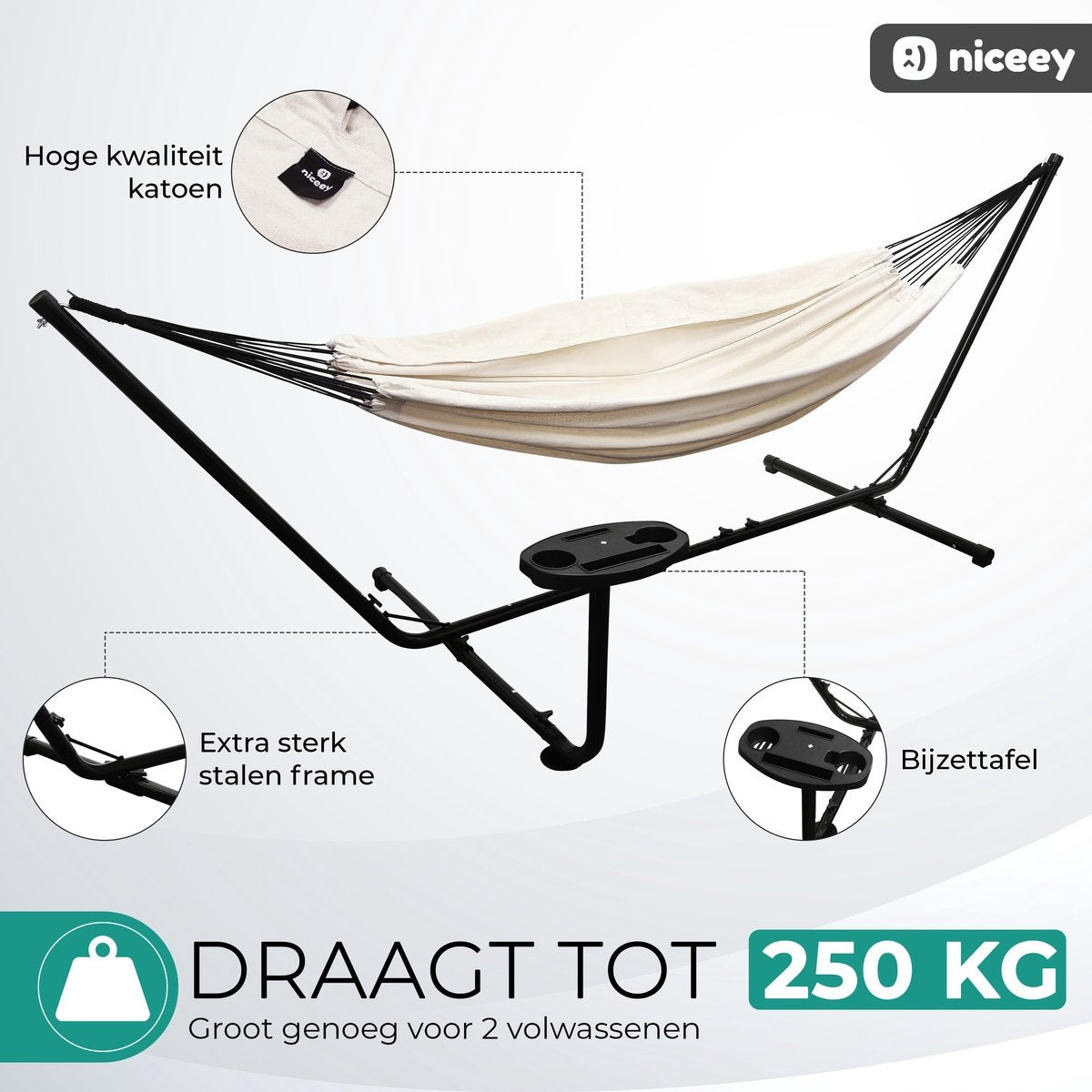 Niceey Hangmat met Standaard â€šÃ„Ã¬ 2 Persoons â€šÃ„Ã¬ Incl. Bekerhouder â€šÃ„Ã¬ 250kg - Beige