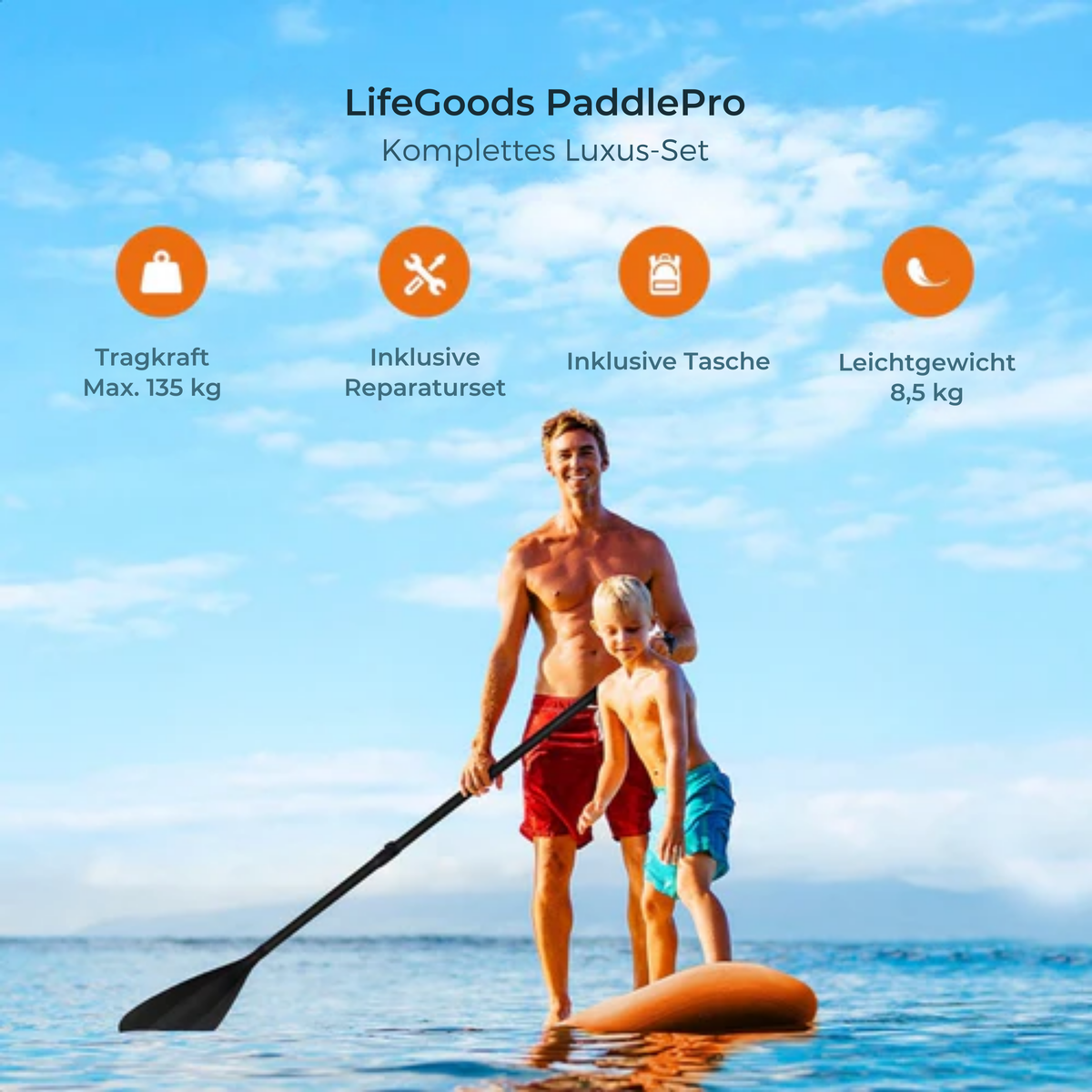 LifeGoods SUP Board - Deluxe Set - Mit Sitz - Aufblasbares Paddle Board - Max. 135KG - 320x81cm - Orange