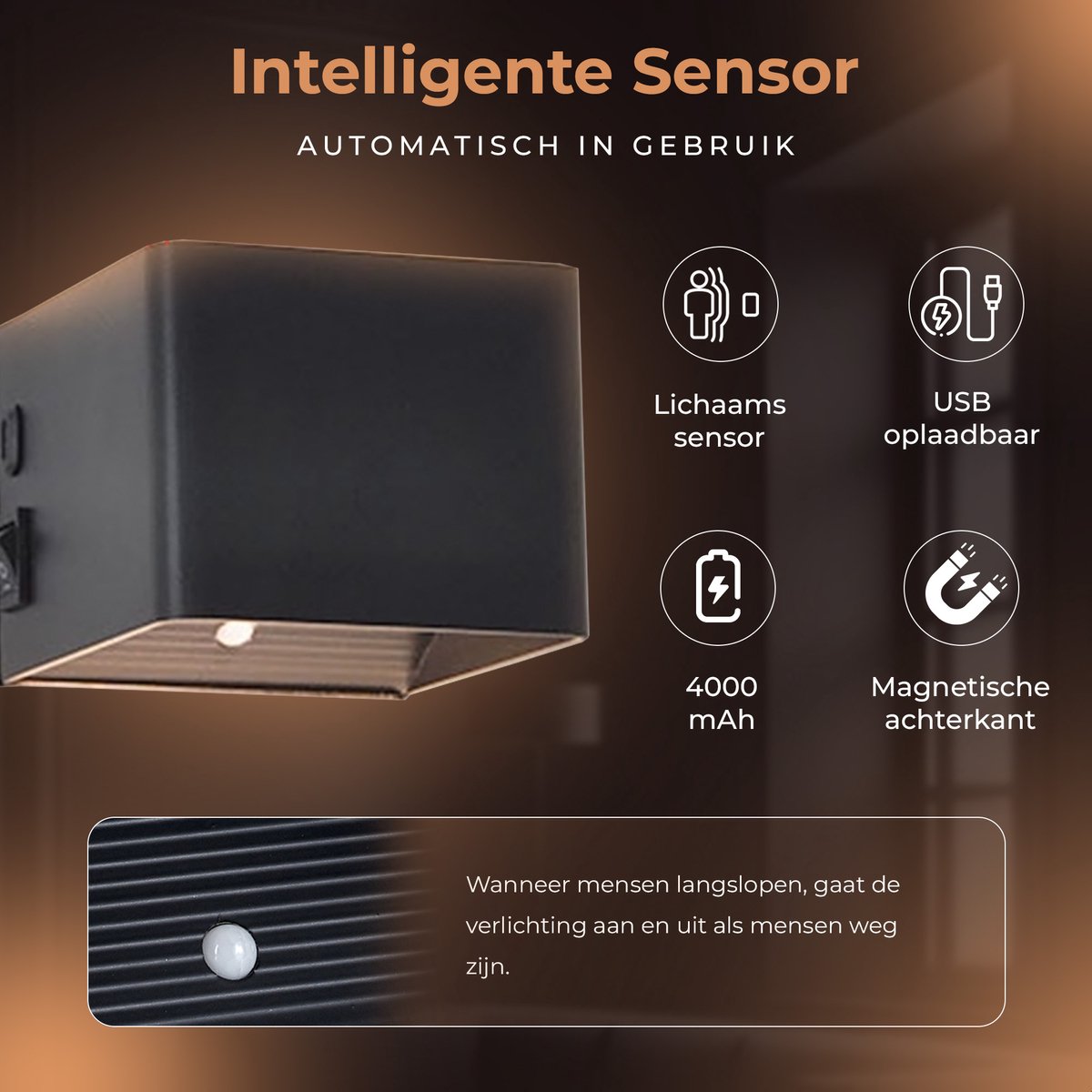 Techvavo® Wiederaufladbare Wandleuchte Schwarz - 1 Stück - 19x4x1,8 cm - Intelligenter Bewegungssensor - Für den Innenbereich - USB Wiederaufladbar - Kabellos - Wohnzimmer, Badezimmer, Schlafzimmer