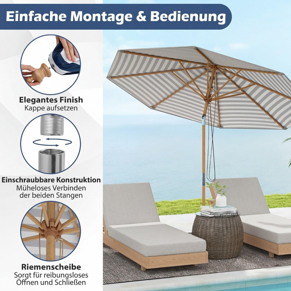 Coast Holz-Sonnenschirm 270 cm – blau-weiß gestreift