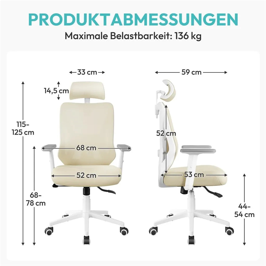 Yaheetech Ergonomischer Bürostuhl mit verstellbarer Kopfstütze und Lendenwirbelstütze – Beige – 70 x 59 x 115–125 cm