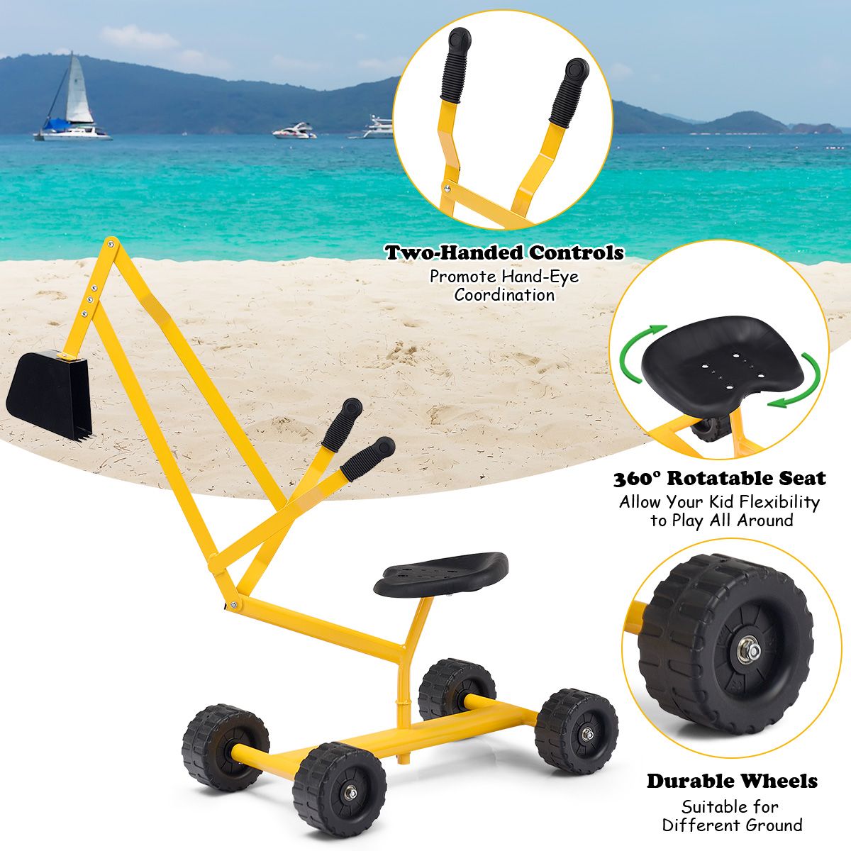 Coast Baggerauto für Kinder – Um 360° drehbarer Sitz – Metallrahmen – Gelb