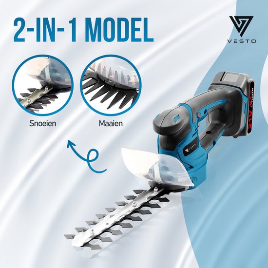 Vesto® Accu Heckenschere - Inkl. Buchsbaum- und Grasschneideblatt - Elektrische Grasschere - Akku-Schere - Heckenschere