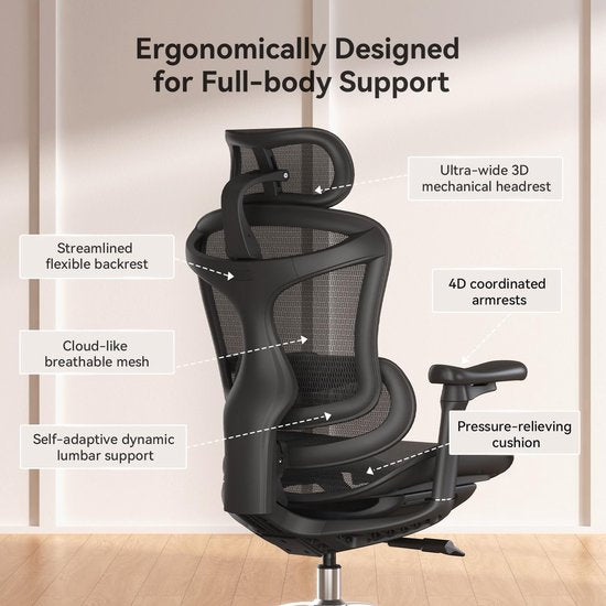 SIHOO Doro C300 Ergonomischer Bürostuhl – 3D-Armlehnen – Selbstanpassende Lendenwirbelstütze – Intelligenter Gewichtsmechanismus – Netz-Rückenlehne – 3 Neigungspositionen – TÜV/SGS-zertifiziert – Bis zu 150 kg – 70 x 69 x 128 cm – Schwarz