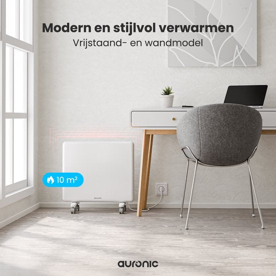 Auronic Konvektorheizung - 1000W - Elektroheizung - 3 Stufen - Metallheizkörper - Freistehend - Räder - Weiß