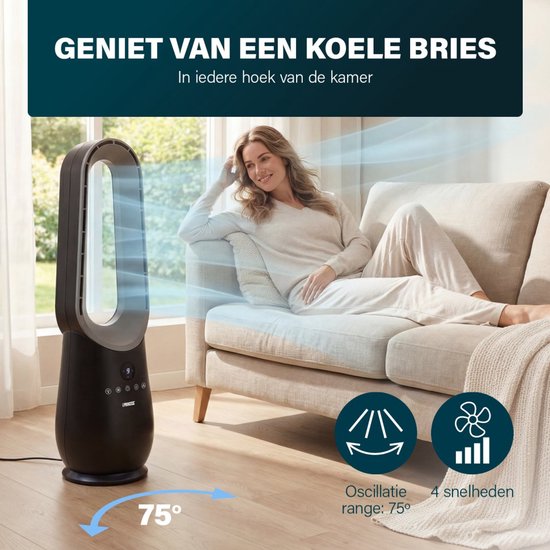 Princess blattloser Turmventilator – 70 W – mit Fernbedienung – Blattloser Ventilator – LED-Anzeige – 4 Geschwindigkeitsstufen – Schwenkbar – 351590