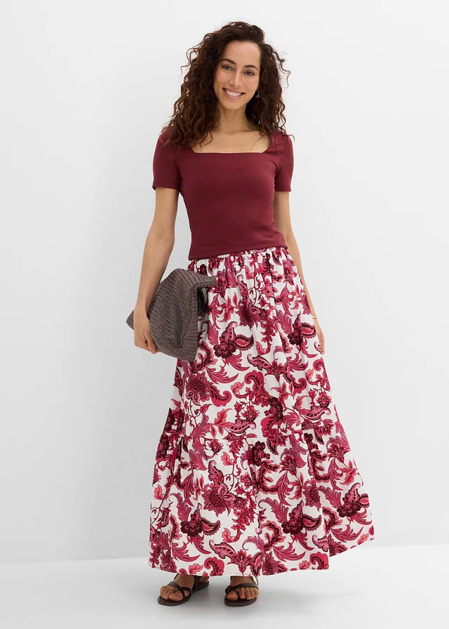 Bonprix-Maxirock aus geschmeidigem Viskose-Mix – Regular – Ahornrot/Wollweiß mit Blumenmuster
