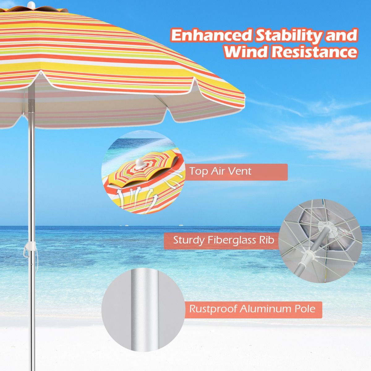 Coast Beach Parasol Ø198 x 206 cm - Rot/Gelb - Tragbarer Sonnenschirm mit Sandanker & Tragetasche