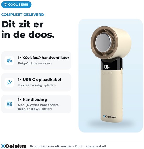 XCelsius® Handventilator – Tragbarer, zusammenklappbarer Mini-Ventilator – Über USB-C aufladbar – Stufenlos von 0 % bis 100 % einstellbar – Mit Sofort-Kühlplatte – Beige/Creme