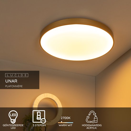 Lucide UNAR – Deckenleuchte – Ø 60 cm – LED 3-Stufen-Dimmer – 1x60 W, 2700 K – Mattgold / Messing